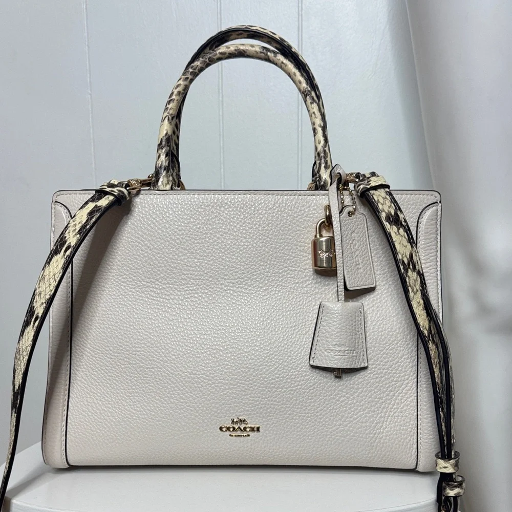 Coach satchel chalk white snake print accent tote purse NWOT